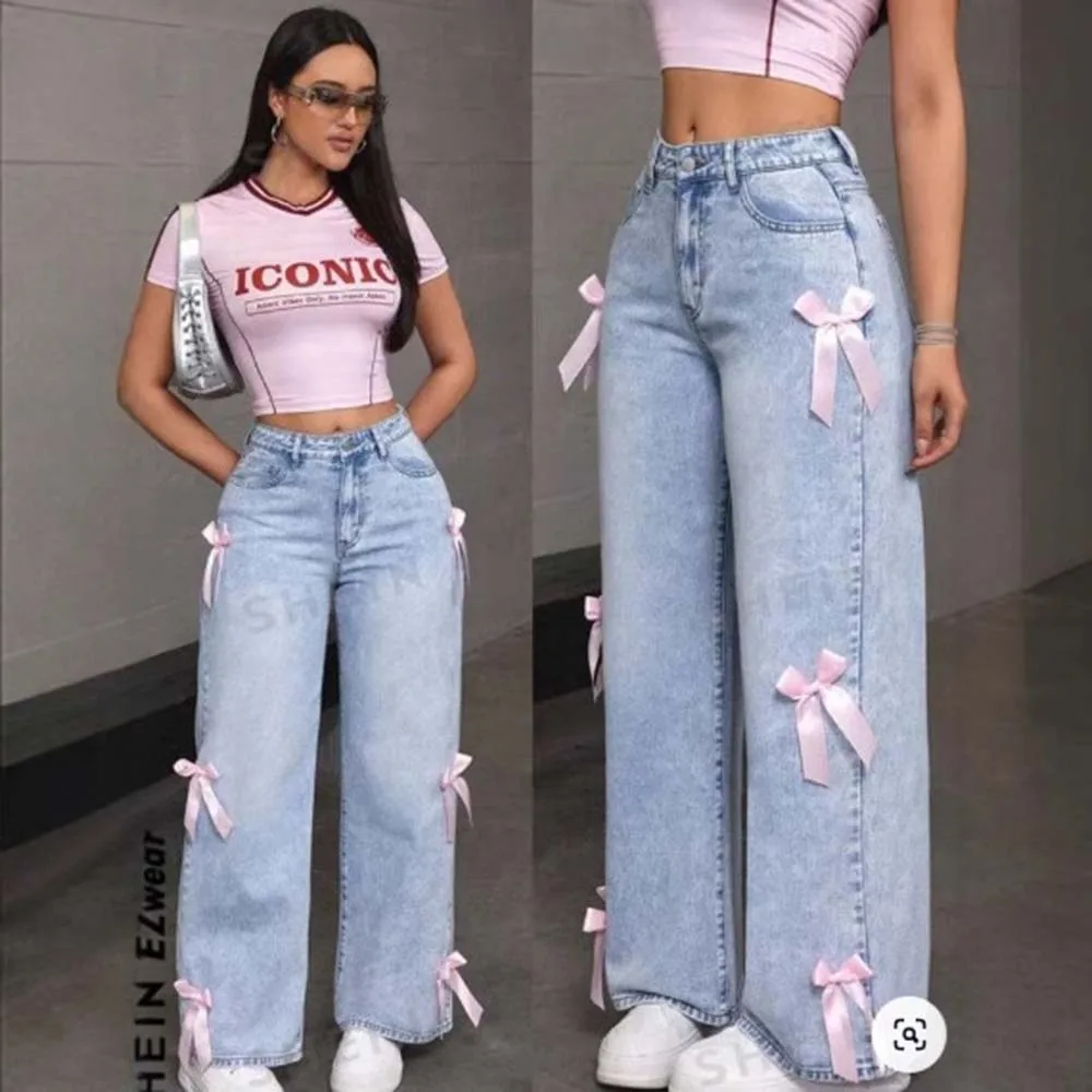 

Washed Loose Butterfly Knot Street Style Hot Girl Jeans High Waist Wide Leg Long Pants Female Fashion High Street Clothing
