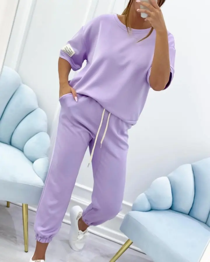 Conjunto Deportivo de Color Sólido a la Moda para Verano, Top de Manga Corta con Cuello Redondo para Mujer, Pantalones Jogger con Cintura Ajustable, Ropa Informal