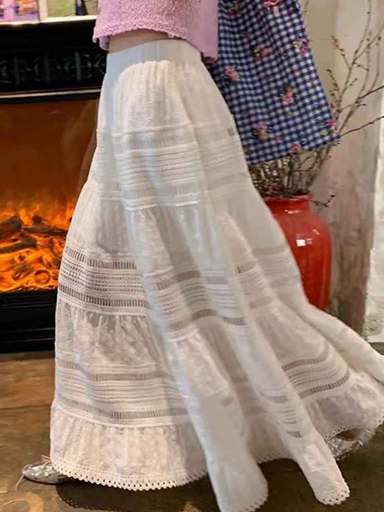 甘いスタイルのハイウエストレース透かし彫りAラインロングミディスカート、東大門の新鮮で繊細なデザイン、レディースファッションスカート
