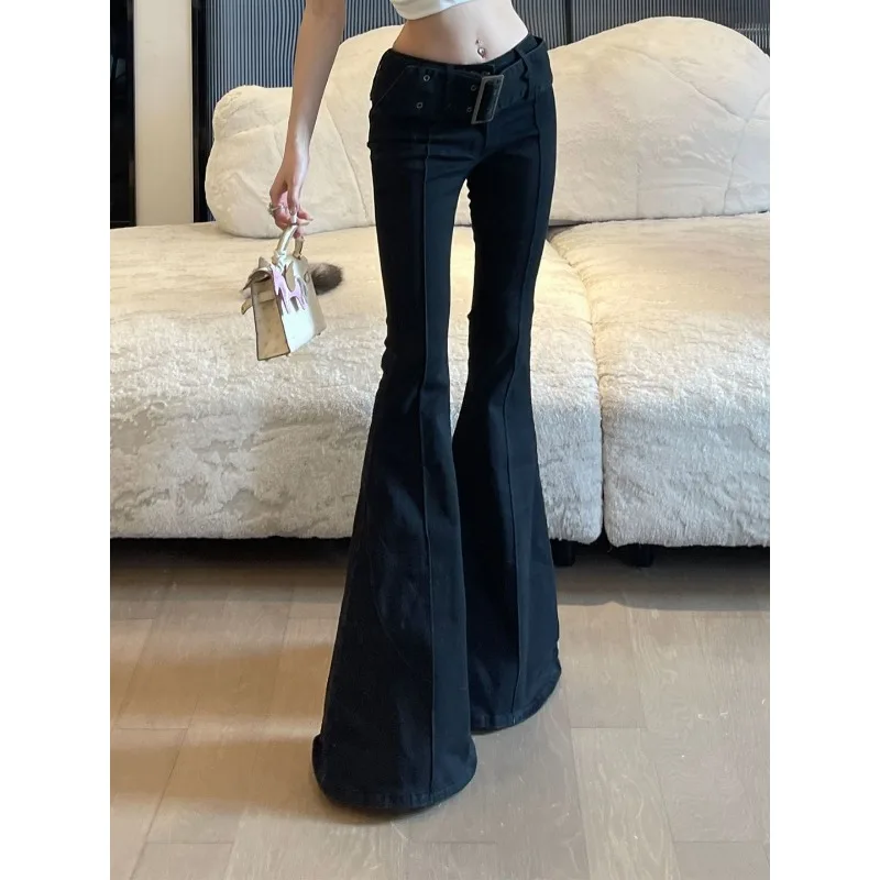 

Women Black Denim Low-Rise Wide-Leg Jeans Flare Jeans Spring Autumn Straight-Leg Floor-Length Pants with D-Ring Belt Streetwear