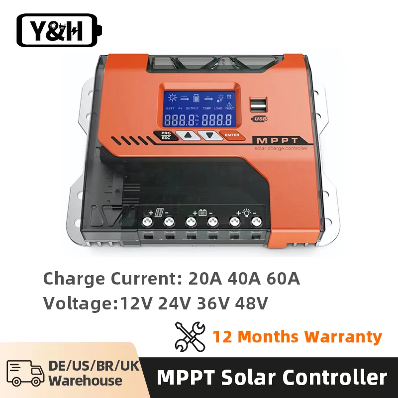 Y&H MPPT 20A 40A 60A Solar Charger Controller 12V 24V 36V 48V Battery with LCD Display Max PV 150V For AGM, Gel, Flooded and Li