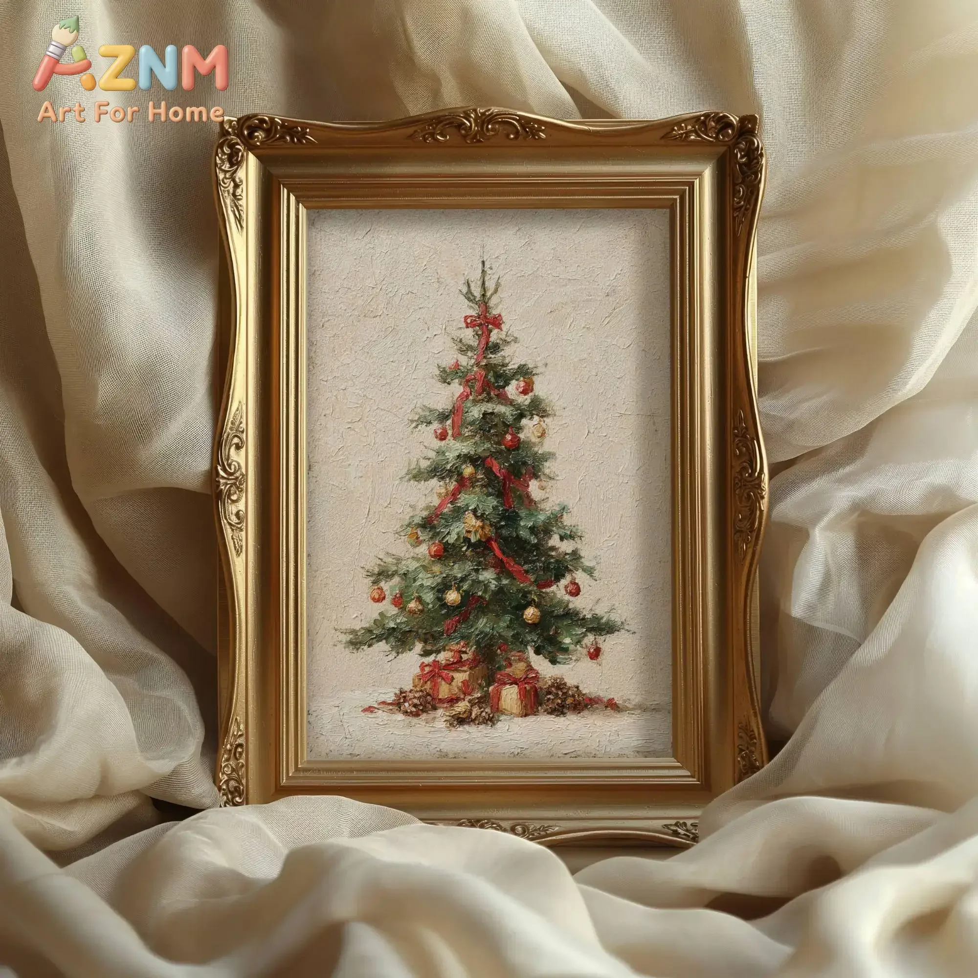 AZNM Vintage Christmas Gallery Canvas Wall Art Set Tree Candy Cane Snow Globe Bells Ornaments Print Poster Rustic Winter Holiday