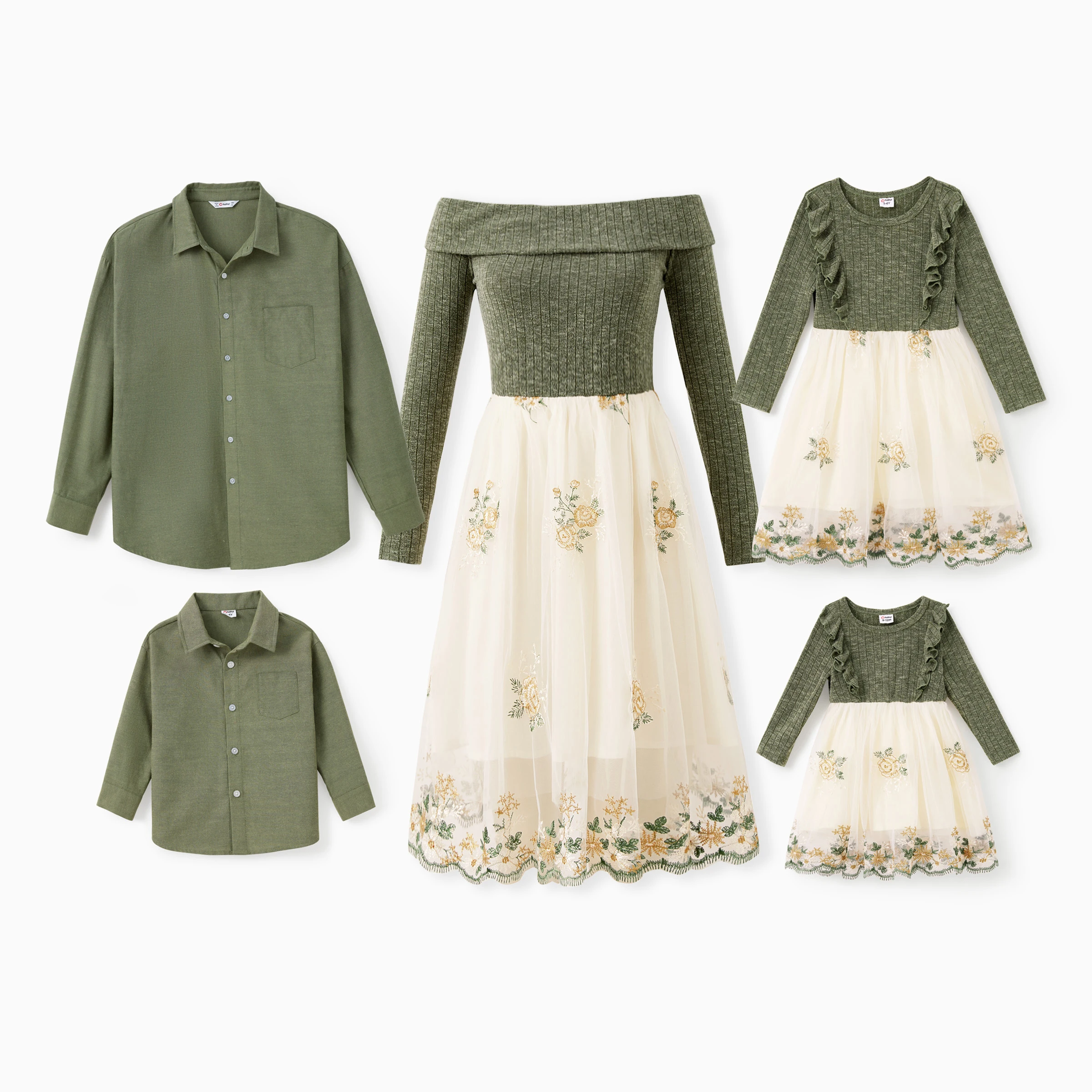 PatPat Family Matching Outfits Green Long Sleeves Shirt or Ribbed Off-Shoulder Embroidered Tulle Dress