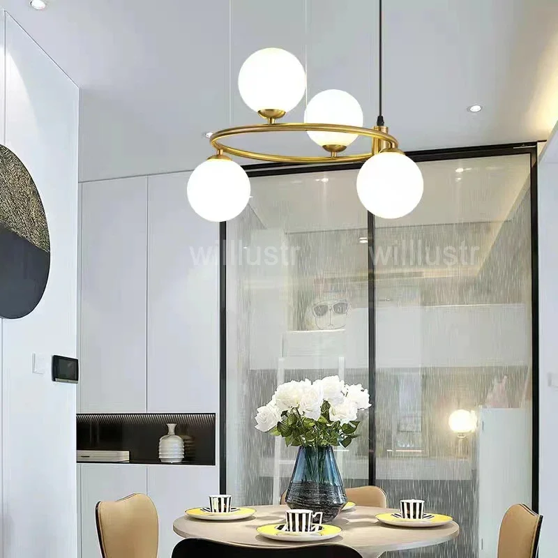 Modern Metal Ring Pendant Lamp Globe White Glass Ball Ceiling Chandelier Bedroom Hotel Restaurant Store Cafe Suspension Light