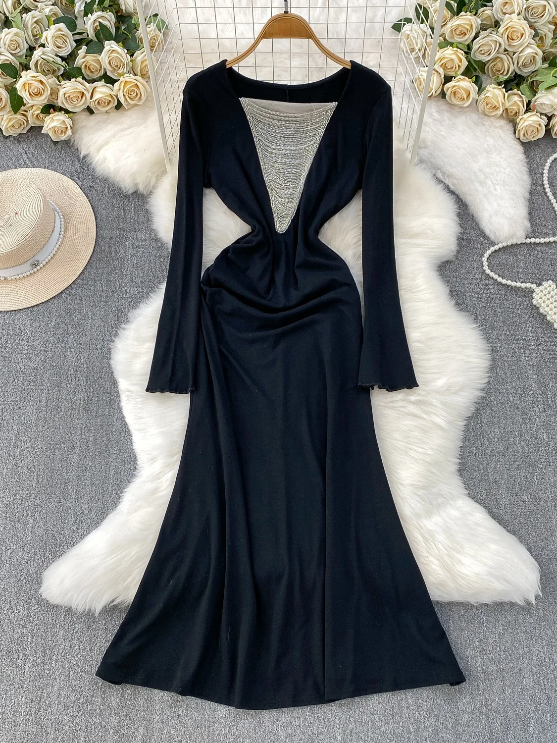 

Ele V-ne Bell Sve Long Dr Женская осенне-зимняя юбка трапециевидной формы с высокой талией Fi Tail Dr with Me Splicing