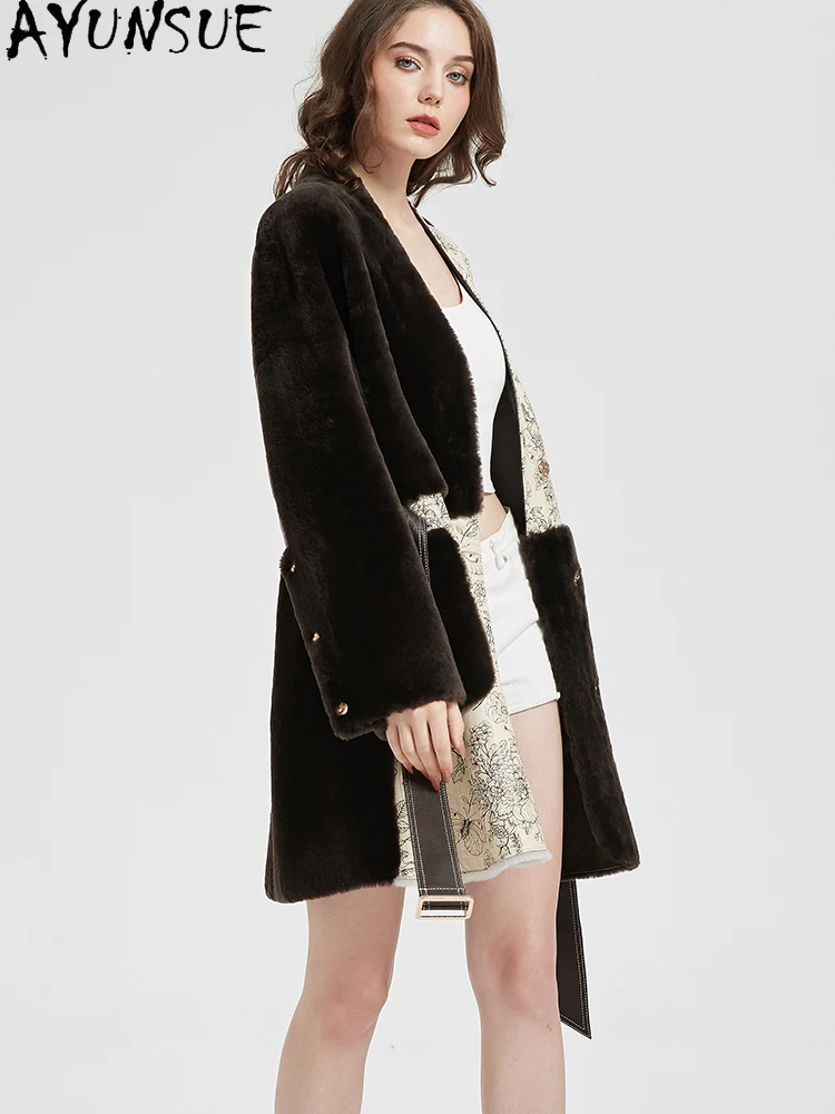 AYUNSUE Naturalny płaszcz ze skóry owczej damski zimowy odzież uliczna średniej długości kurtka ze skóry naturalnej nowość w kategorii płaszczy z paskiem