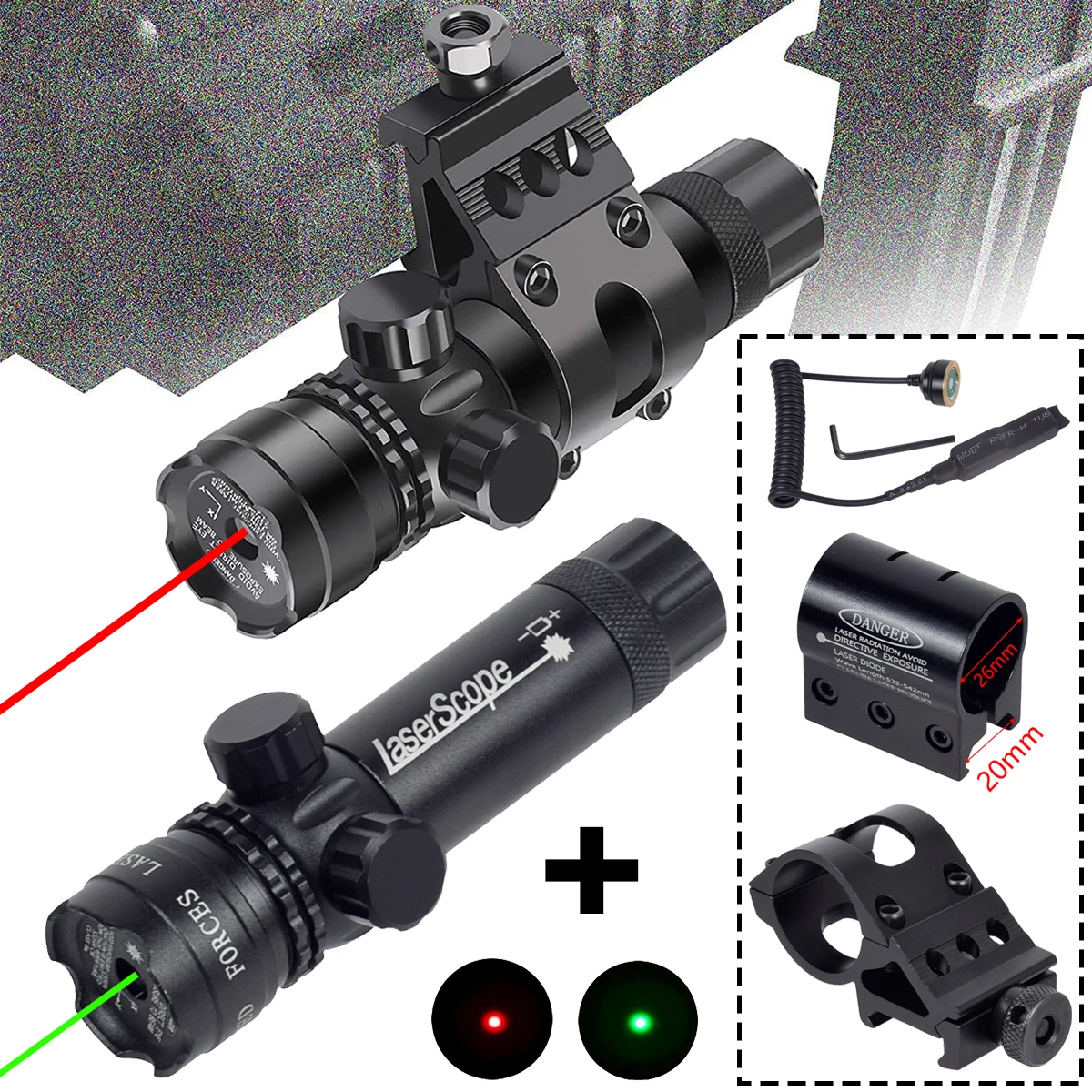 

Red Dot Laser Green Laser Sight 532nm Scope with Switch Picatinny Pipe Clamp Quick Release Offset Mount 20mm Rail Aluminum Alloy