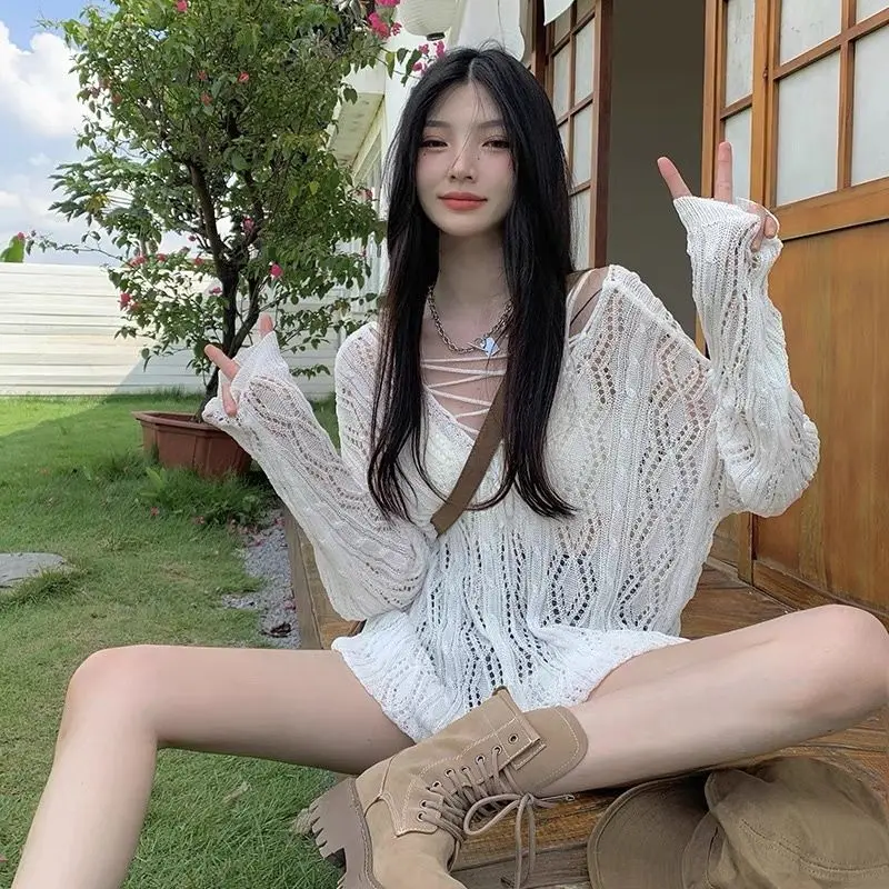 

Вязаный крючком полый вязаный свитер с v-образным вырезом для девочек, новый летний свободный солнцезащитный чехол с перекрестной завязкой спереди и сзади, два раза