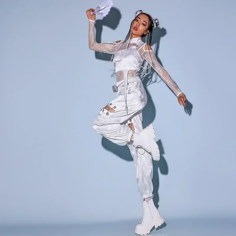 Kpop Stage Outfit White Black White Women Long Sleeve Crop Top Skirt Pants Street Dance Korean Idol Style Hip Hop Dance Clothes