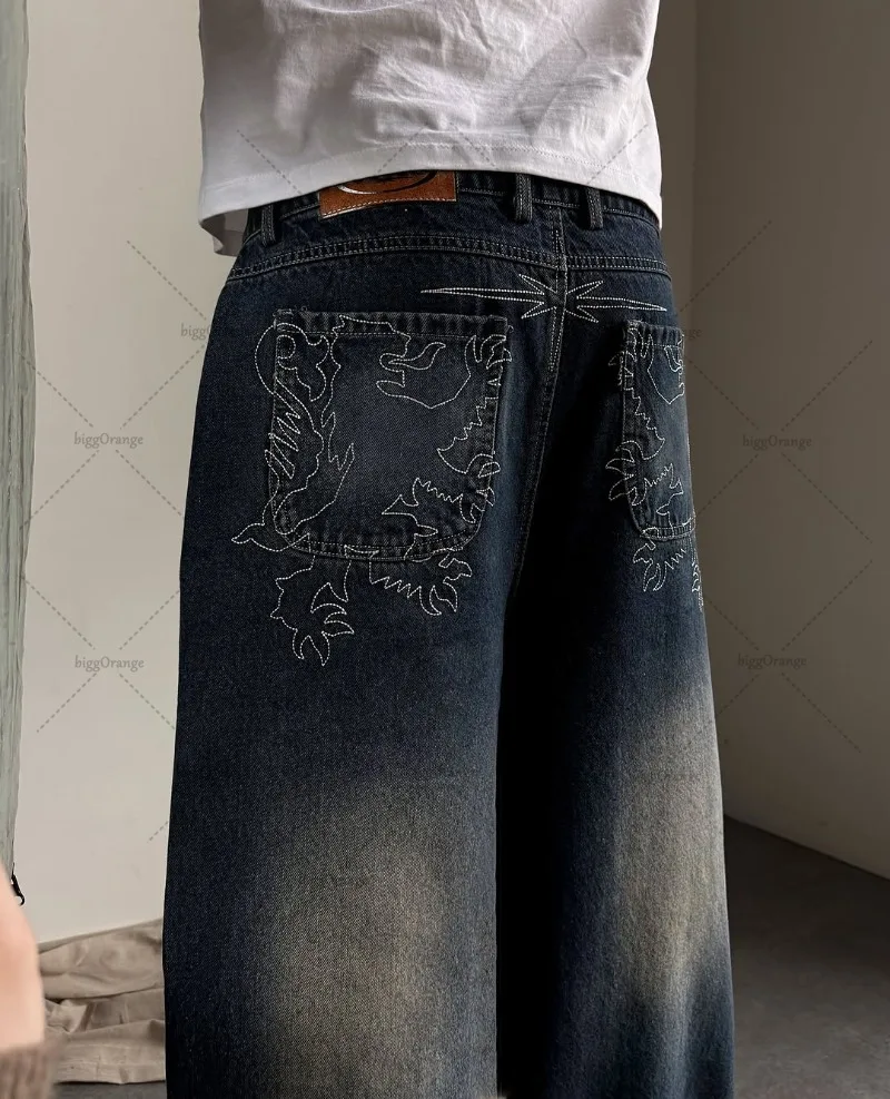 

American New Griffin Pattern Design Casual Loose Jeans Men Street Hip-hop Retro Harajuku Fashion Straight Wide-leg Pants Women