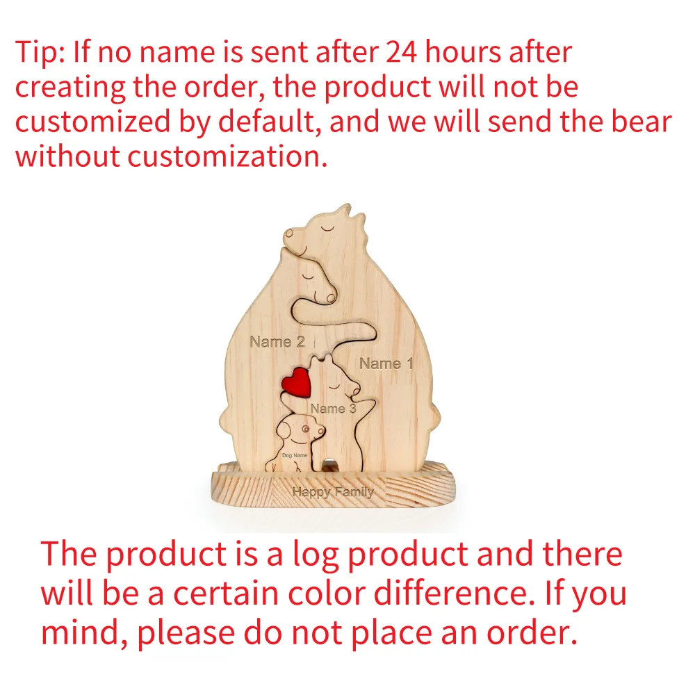 Animal Family Ornaments DIY Wood Carving Free Engraving Personalized Bear family with dog Wooden Sculpture Mother\'s Day gift