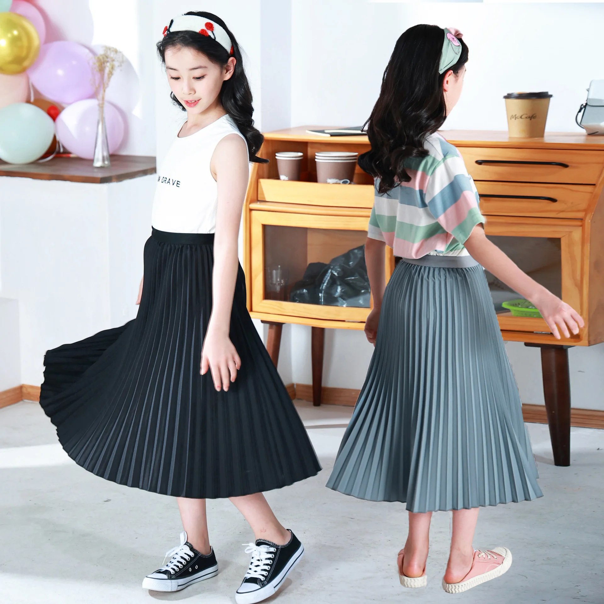 Summer 2024 Girls Long Pleated Skirt Solid Casual All-match Skirt for Kids 12 13 14 Years Trendy Teens Students Children Skirts