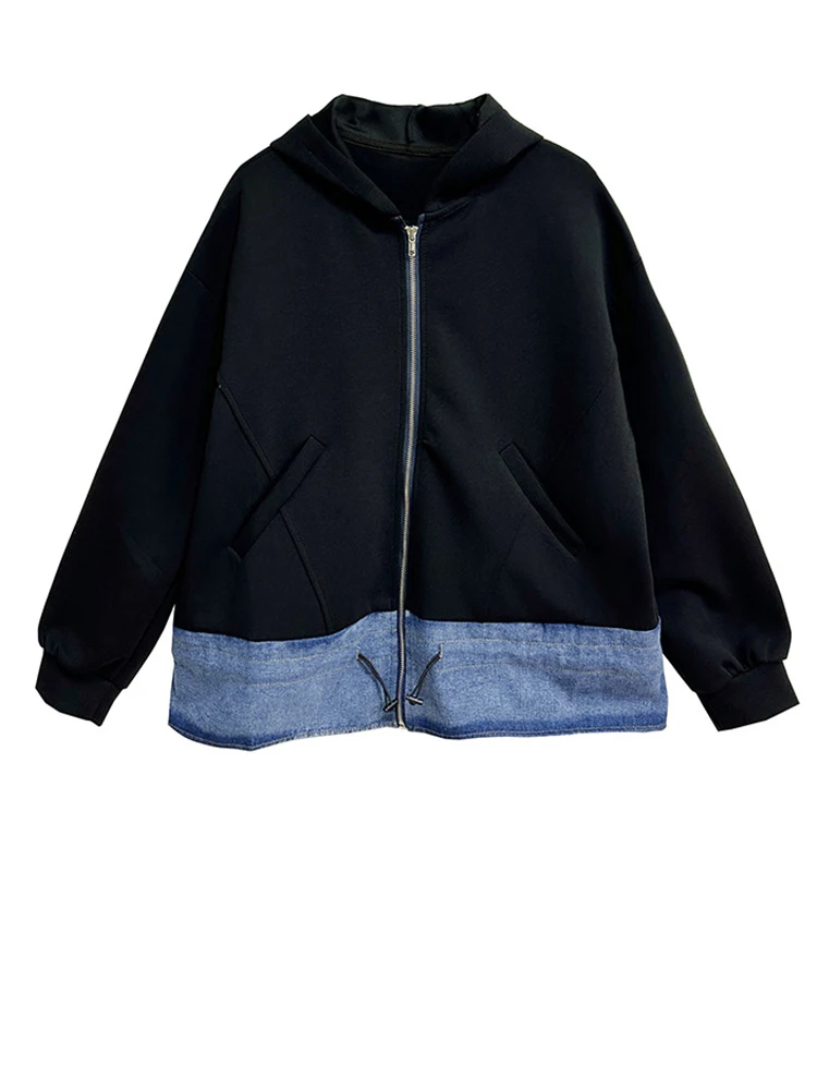 [EAM] Black Denim Drawstring Big Size Casual Jacket New Hooded Long Sleeve Women Coat Fashion Tide Spring Autumn 2024   1DH7591