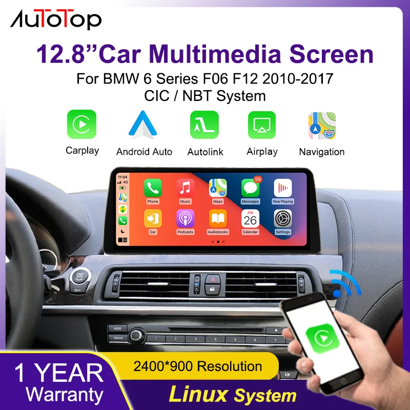 AUTOTOP 12,8" Linux-Autoradio mit 2400*900 Auflösung und Touchscreen für BMW CIC/NBT 6er Serie F06 F12 2010-2017 mit Carplay, Multimedia-Navigation, Mirror Link, Android Auto und Airplay