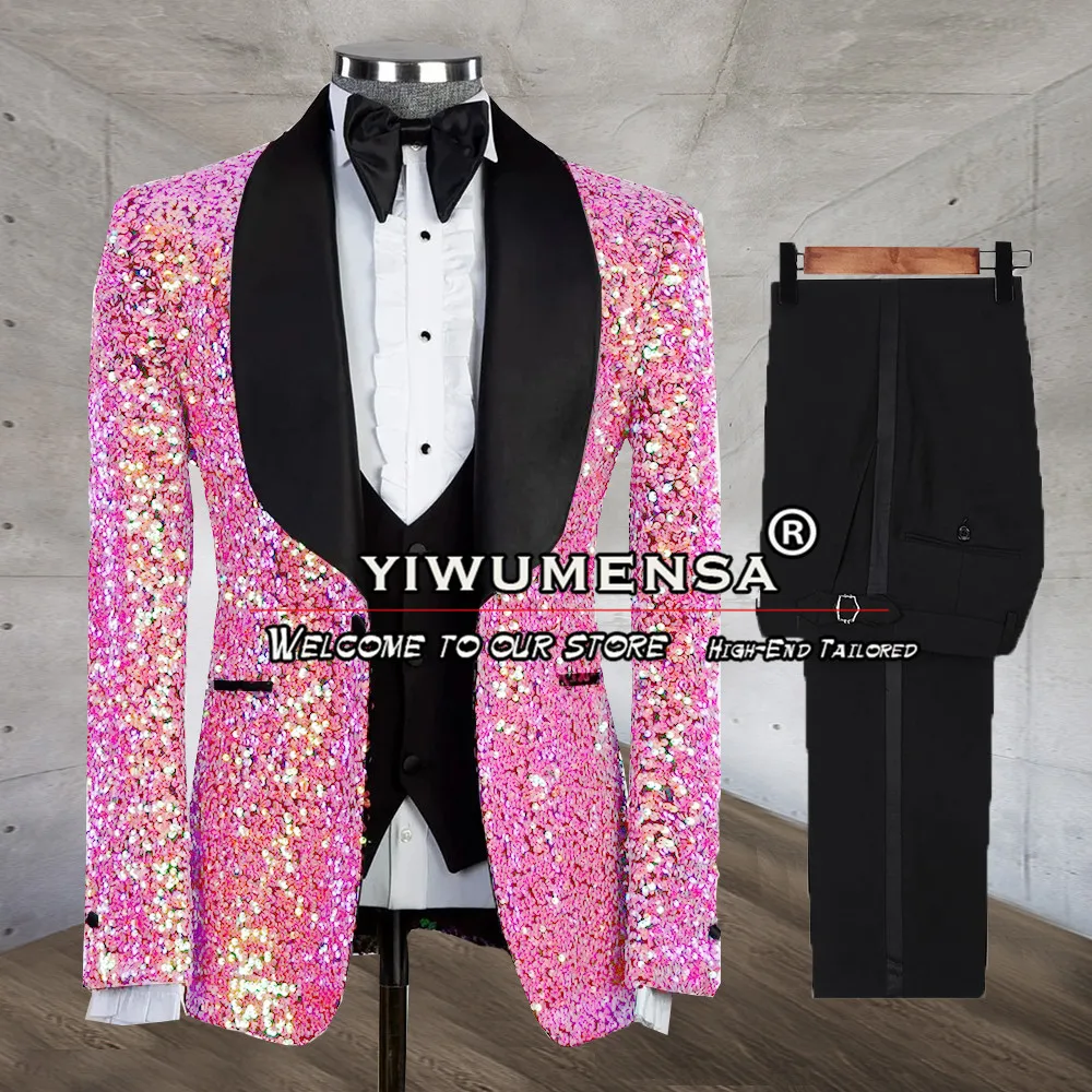 Hot Pink Sparkly Suit Men Slim Fit Sequins Blazer Peaked Laple Formal Wedding Tuxedo Custom Made 3 Pieces Prom Party Male Dress