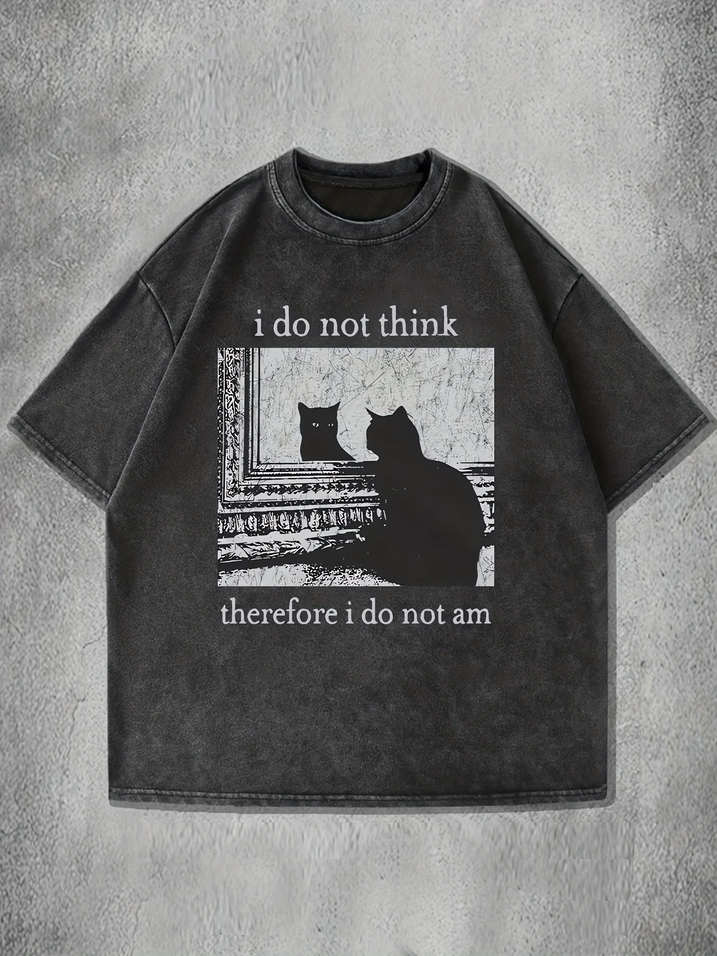 Unisex Washed Cotton Casual Loose Fit Graphic T-Shirt "I Do Not for THINK Therefore I Do Not Am" Cat  Print Summer Short Sleeve