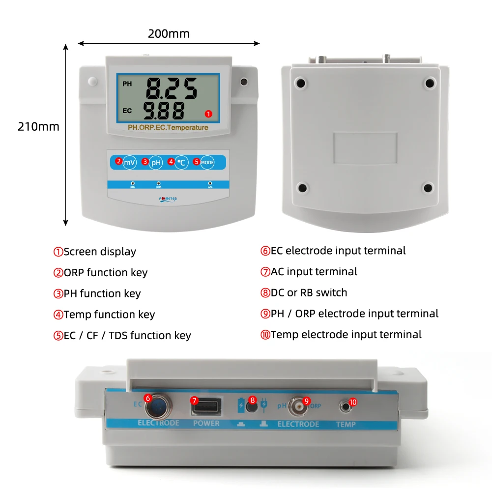 PHS-26C Bench Water Quality Monitor Digital PH ORP TDS EC CF Temperature Meter for Swimming Pool Aquarium Laboratory Probe Test