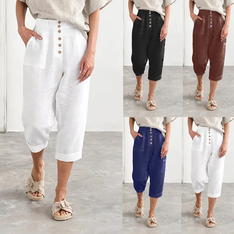 

Women Summer Cotton Linen Pants Button Elastic Waist Solid Color Pants Casual Loose Wide Leg Ninth Pants Streetwear 5XL