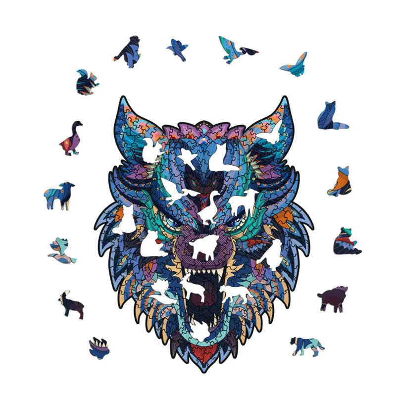 หัวหมาป่าไม้จิ๊กซอว์ปริศนาสัตว์ตลกปริศนาไม้ผู้ใหญ่ High End Montessori ของเล่นเพื่อการศึกษาเด็กเกมกระดานของขวัญ