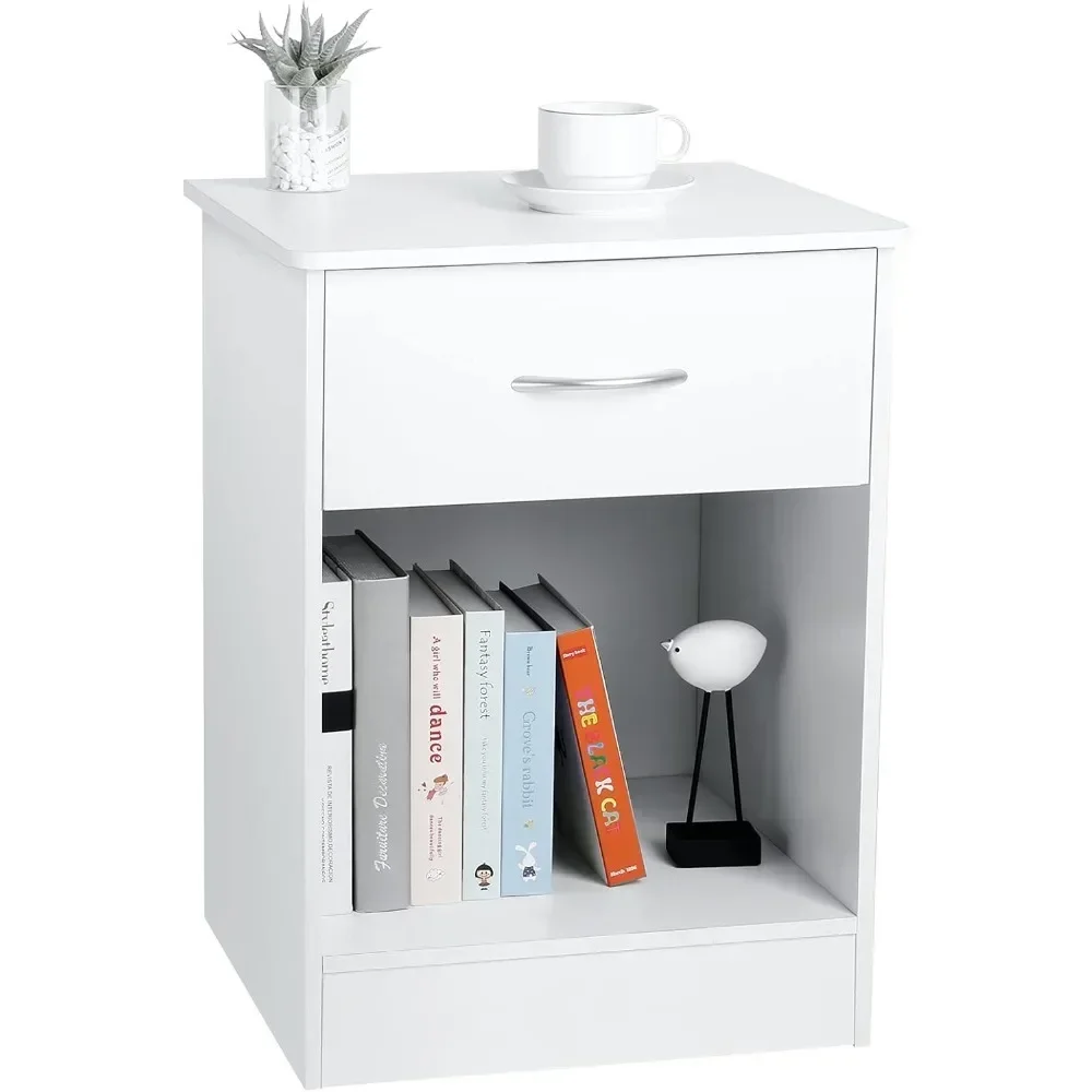 White Nightstand with Drawer, Bedside Table End Tables Living Room, File Cabinet Storage with Sliding Drawers and Shelf forfice