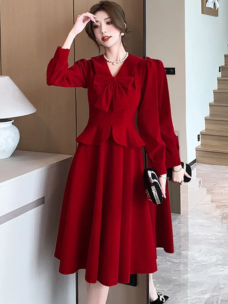 2025 coreano vintage vestidos de noite feminino veludo vermelho chique babados elegante vestido longo arco colarinho vestido de luxo para casamento feminino