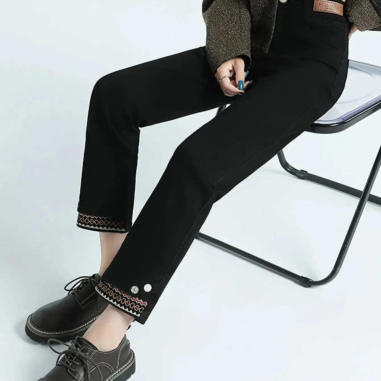 Celana Jeans Y2k Wanita Hitam Model Straight Leg Patchwork Bordir Kasual Celana Pendek Vintage Retro Denim Distressed