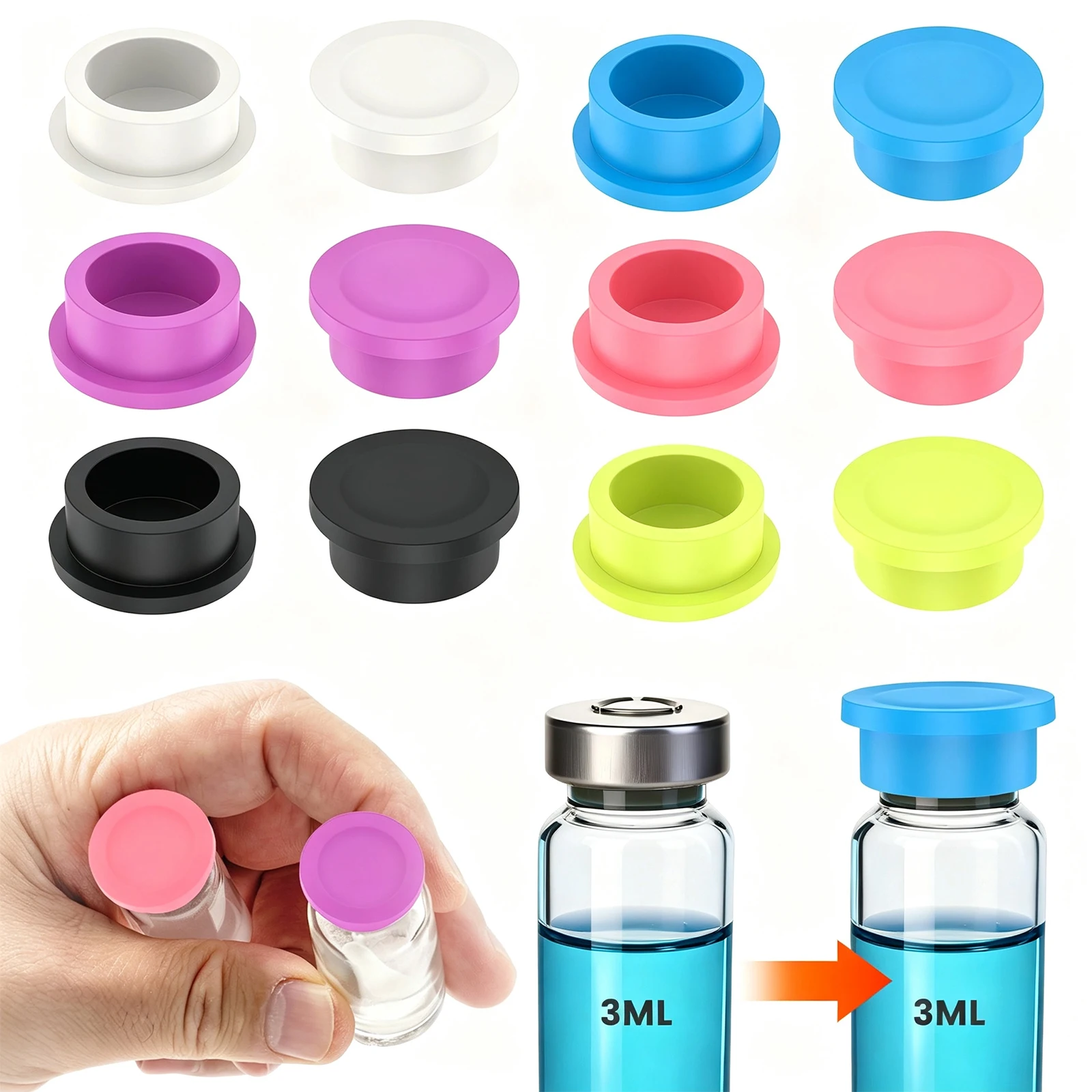 12Pcs Peptide Vial Caps 3ml Glass Vial Protective Cap Silicone Reusable Seals Covers Vial Holder Box Storage Sealing Accessories