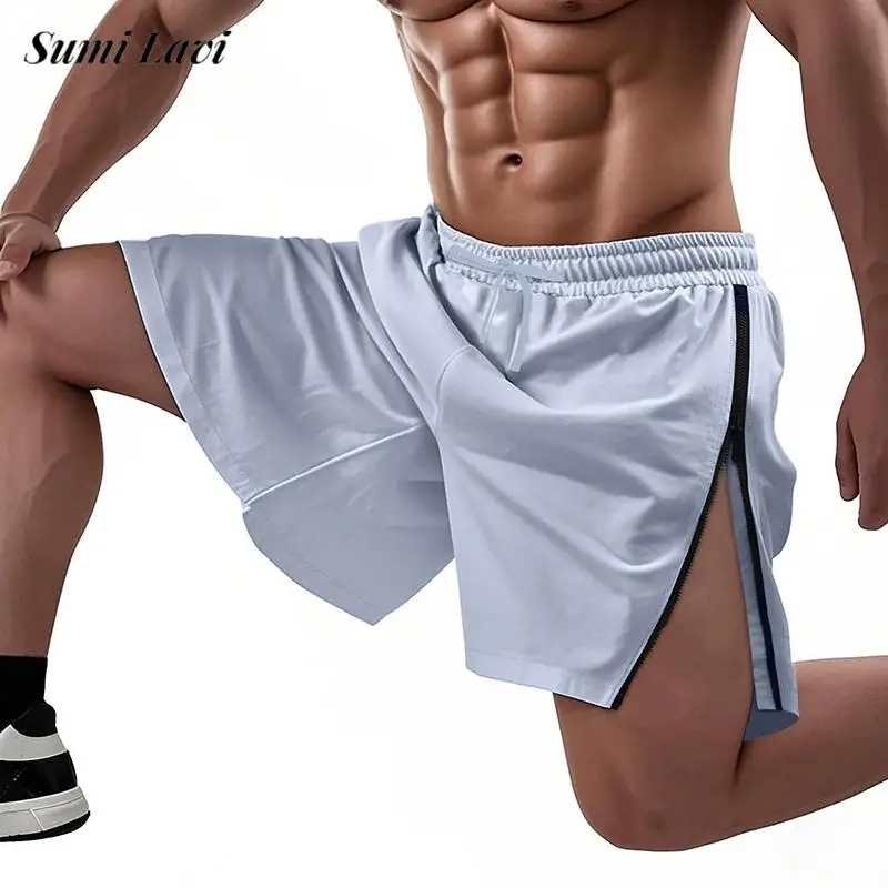 2025 Summer Daily Casual Loose Shorts Mens Fashion Zip-up Side Split Patchwork Shorts For Men Leisure Breathable Straight Shorts