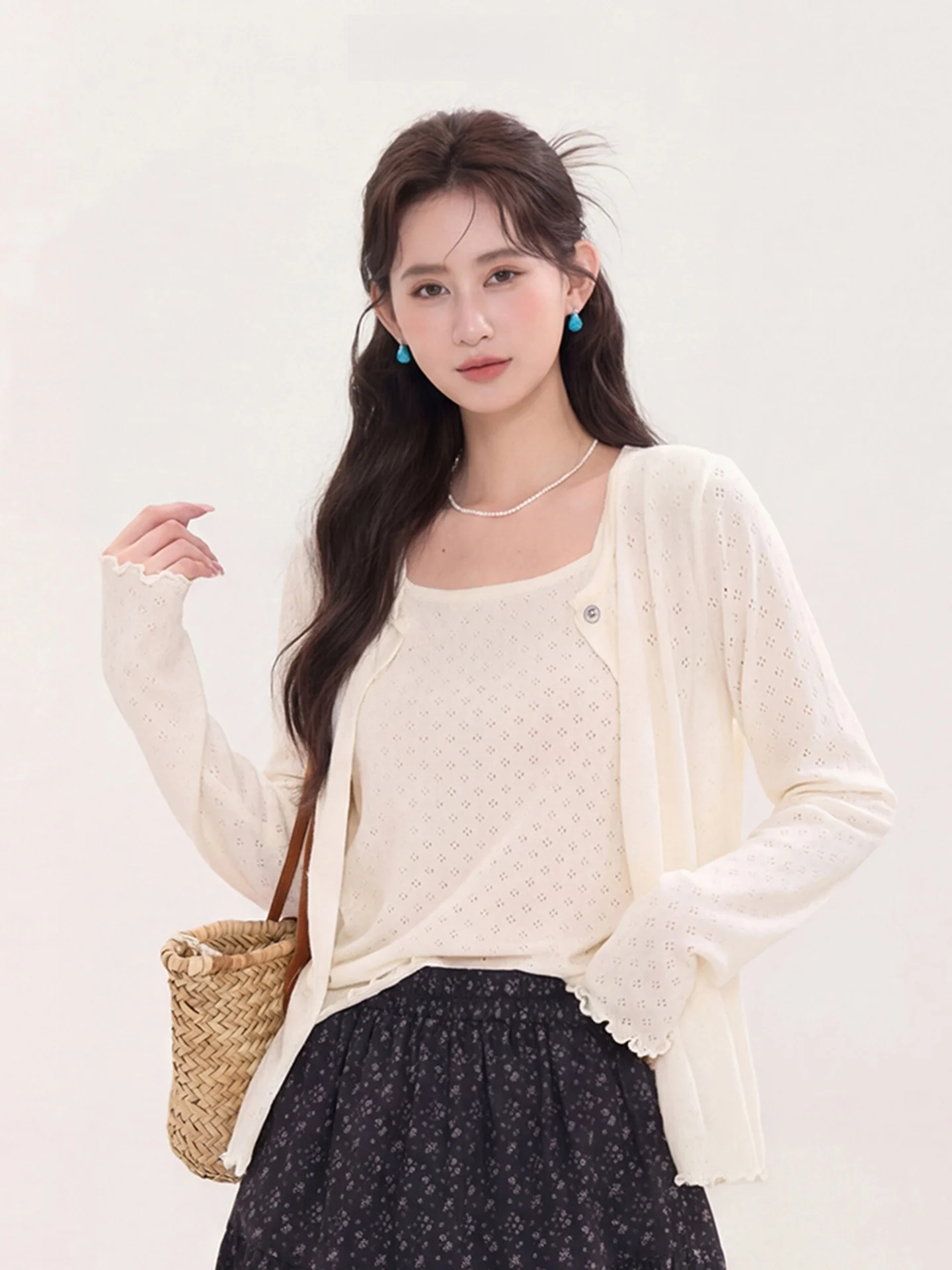 

Heme Spring Gentle Hollow out Woolen Knitted Wrap Cardigan And Tank Top Two-Piece Set Women Soft Cozy Korean Style Long Sleeve