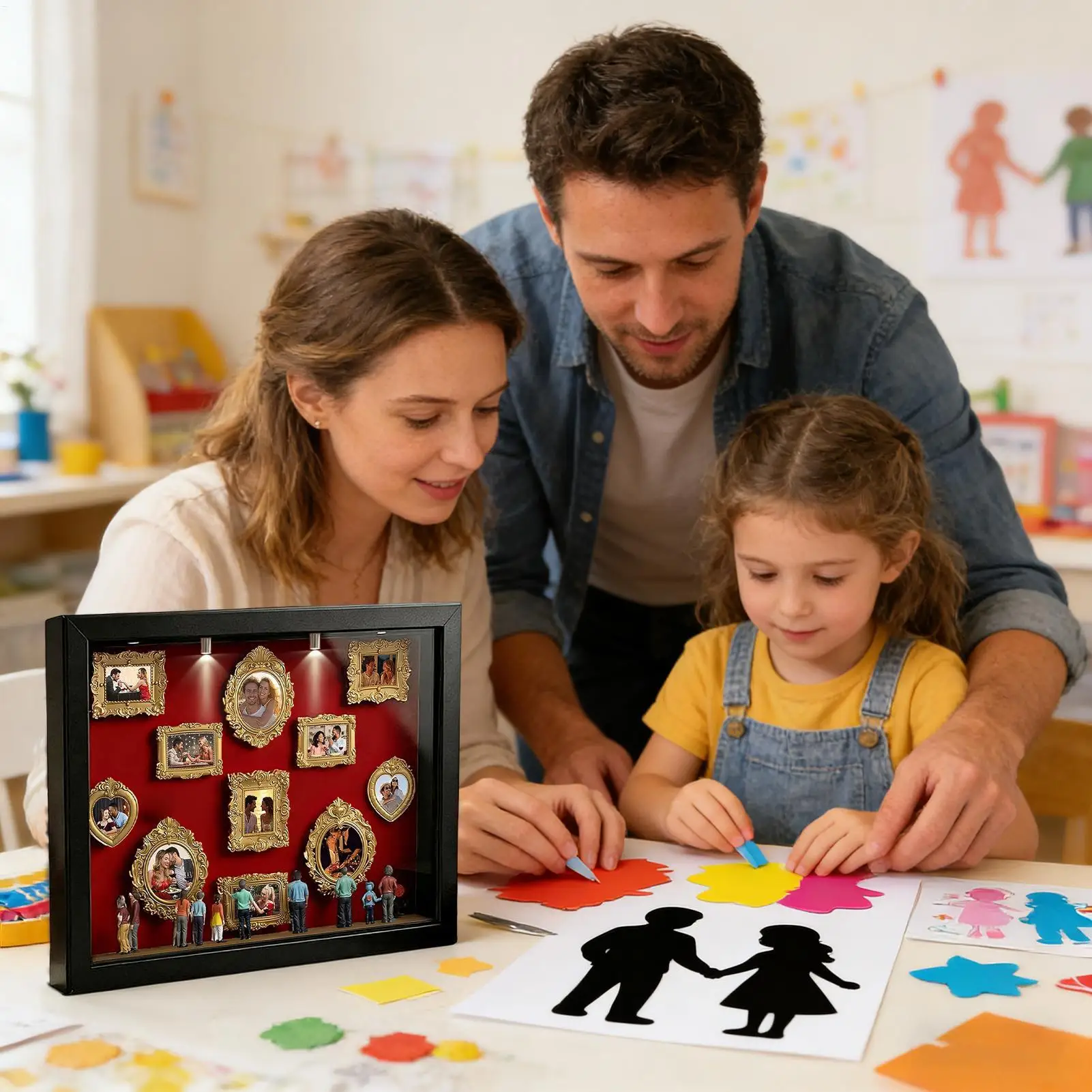 Mini Museum Silhouette Box Memory Photo Display Case with LED Light 11 Pieces Miniature Photo Frame with 8 Figurines for Home