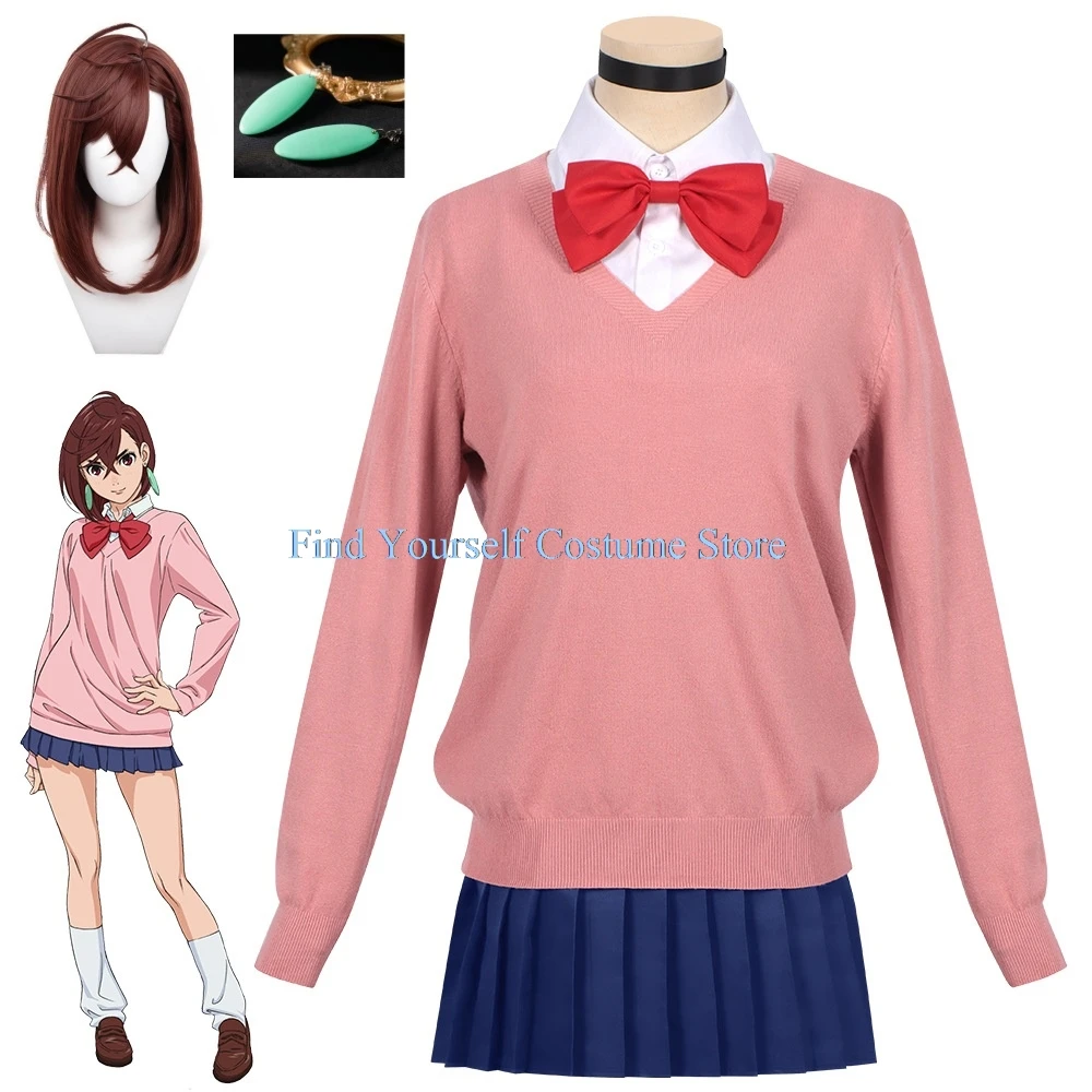 Anime Dandadan Momo Ayase Cosplay Costume Pink Top Blue Skirt School Uniform Earrings Socks Halloween Party Uniform Women Props