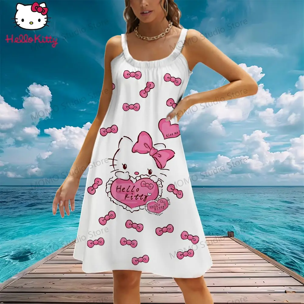 Women's Beach Dress Hello Kitty Sling Fashion Summer Female Clothing Street Wear Leisure Lovely Cool Elegant Party Dresses 2024