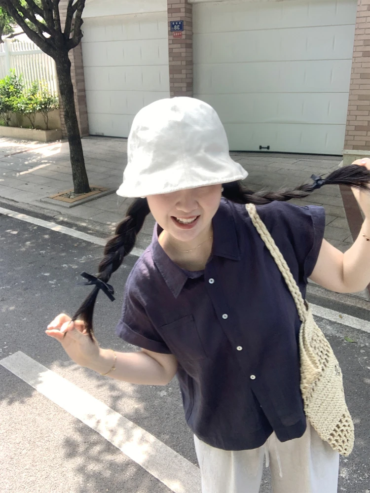 

LL 25SS Slimming ort Sve 00% Flax Blue irt Korean Sle Loose Fit Button Detail Thin Summer Ne