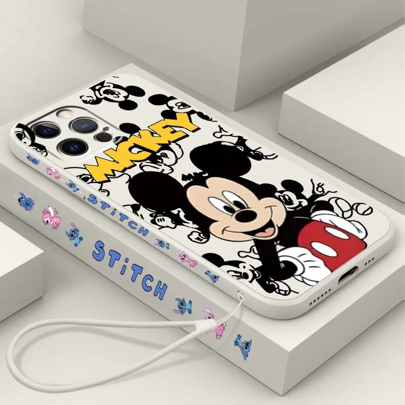 

Disney Cartoon Stitch Mickey Phone Case For Apple iPhone 16 15 14 13 12 11 XR XS X Pro Max Plus Liquid Left Rope Soft Cover