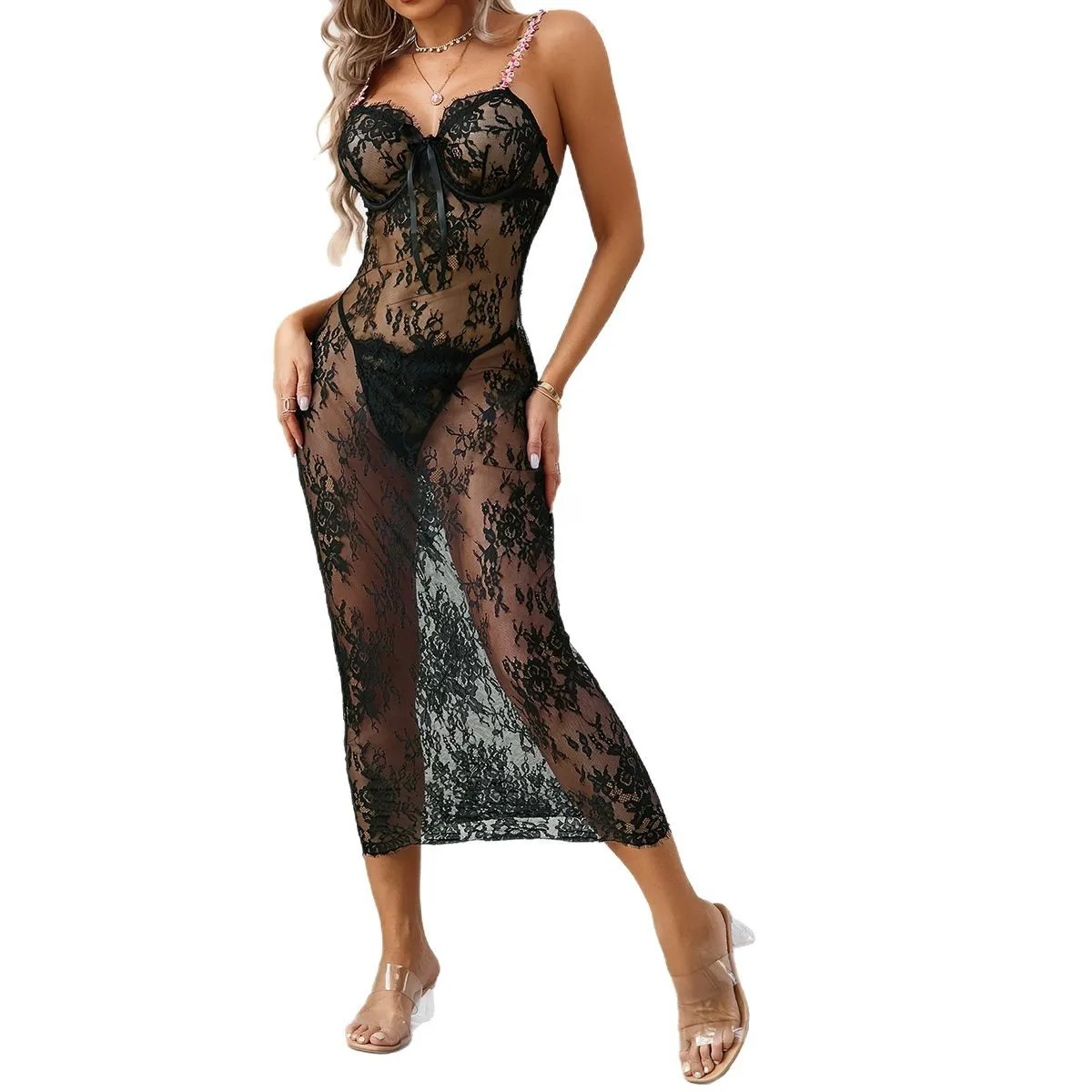Sexy Lace Push Up Bra Set Underwire Corset with Bow Sheer Mesh Long Dress Floral Strap Slimming Lingerie Two Piece Set for Women