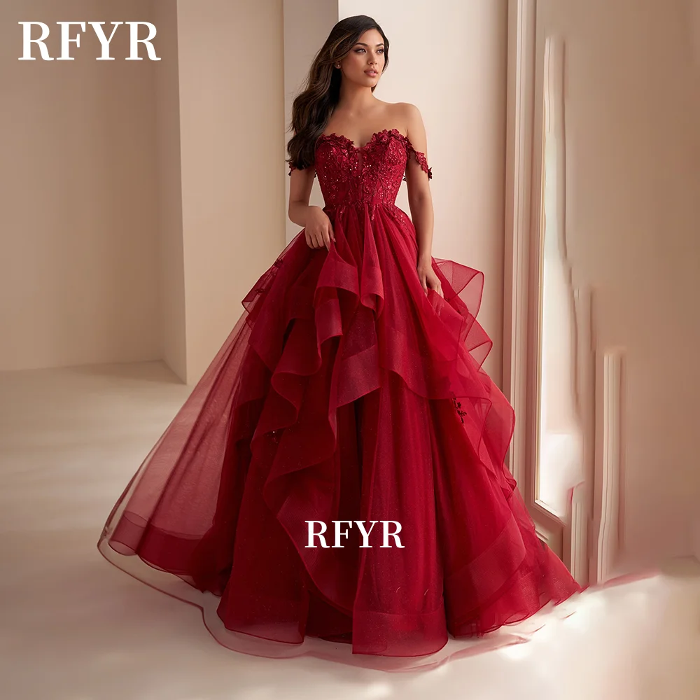 

RFYR Fluffy Evening Dress Lace Prom Dress Multilayers Off Shoulder Princess Gown Elegant Gown فساتين مناسبة رس