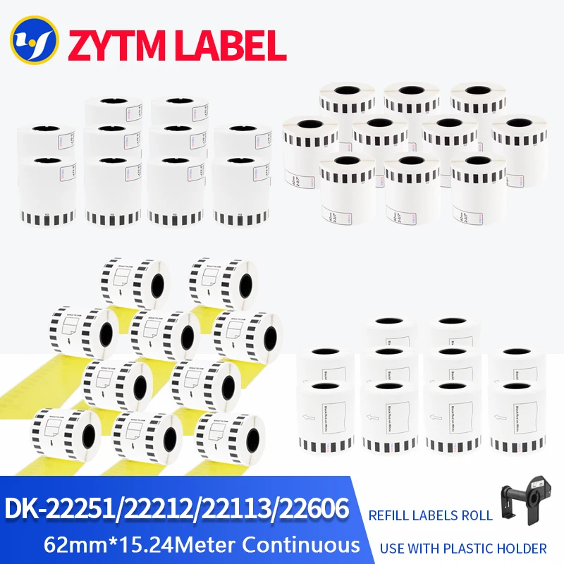 10 Rollos de Etiquetas Térmicas Compatibles DK-22251/DK-22212/DK-22113/DK-22606 de 62 mm x 15,24 m Continuas para Impresora Brother QL-800/810/820