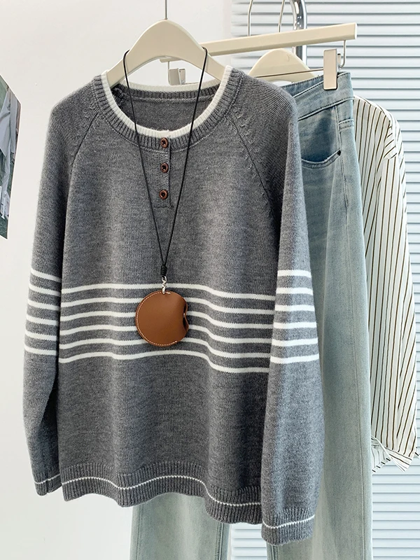 Korean Design Sense Color Block Striped Splice Anti-Aging All-Match Half-Unbuttoned Sweater Coat Autumn Winter New Arrival
