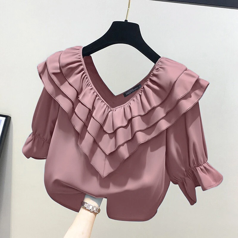 ZANZEA 2026 été chemisier à volants femmes solide Vintage 3/4 manches col en v Chemise bureau chemises en mousseline de soie décontracté ample élégant hauts