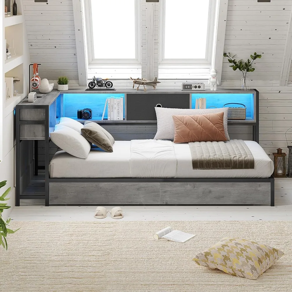 Corner Bed Frame with Storage Bookcase, Twin Daybed with Storage Drawers Underneath, Kids Bed Unit with Charging Station