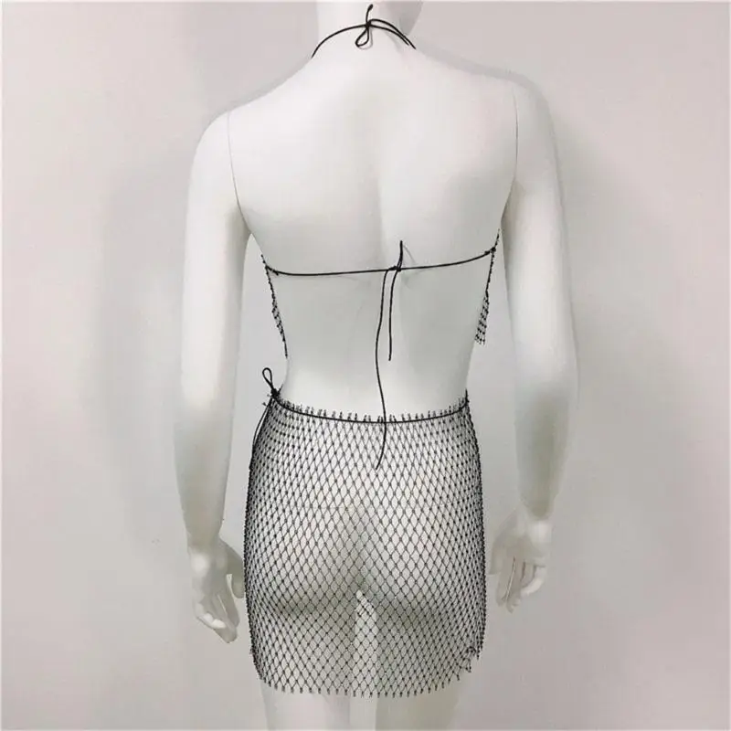 40GC Women Rhinestones Fishnet Vest Body Jewelry Halter Crop Top for Party Clubwear