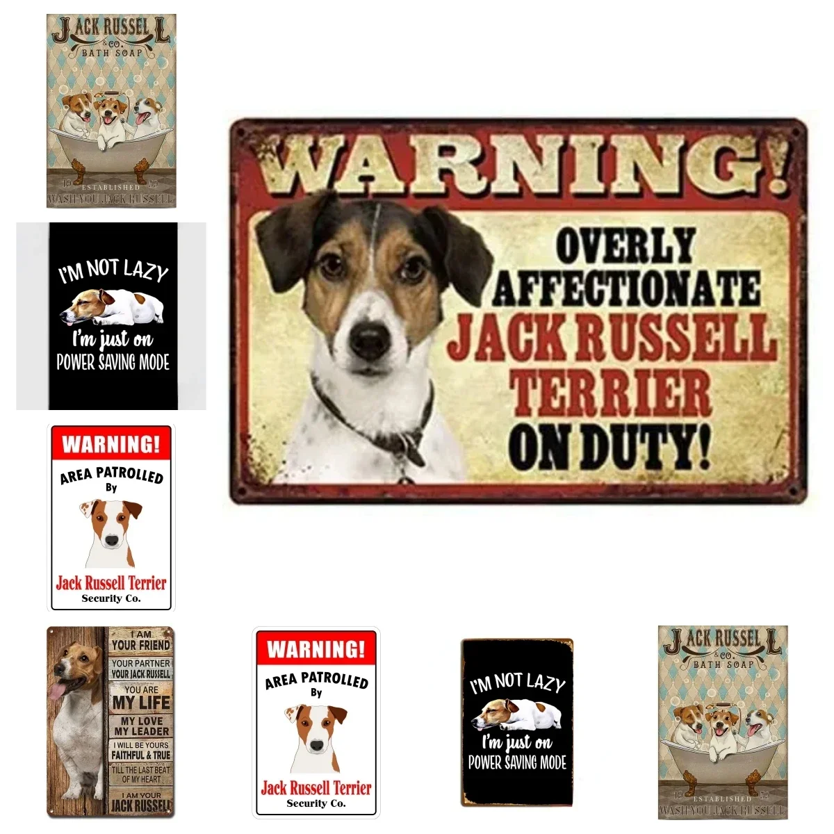 Metal Tin Sign Vintage Chic Art Decoration Warning Overly Affectionate Jack Russell Terrier Dog on Duty for Home Bar Cafe Farm