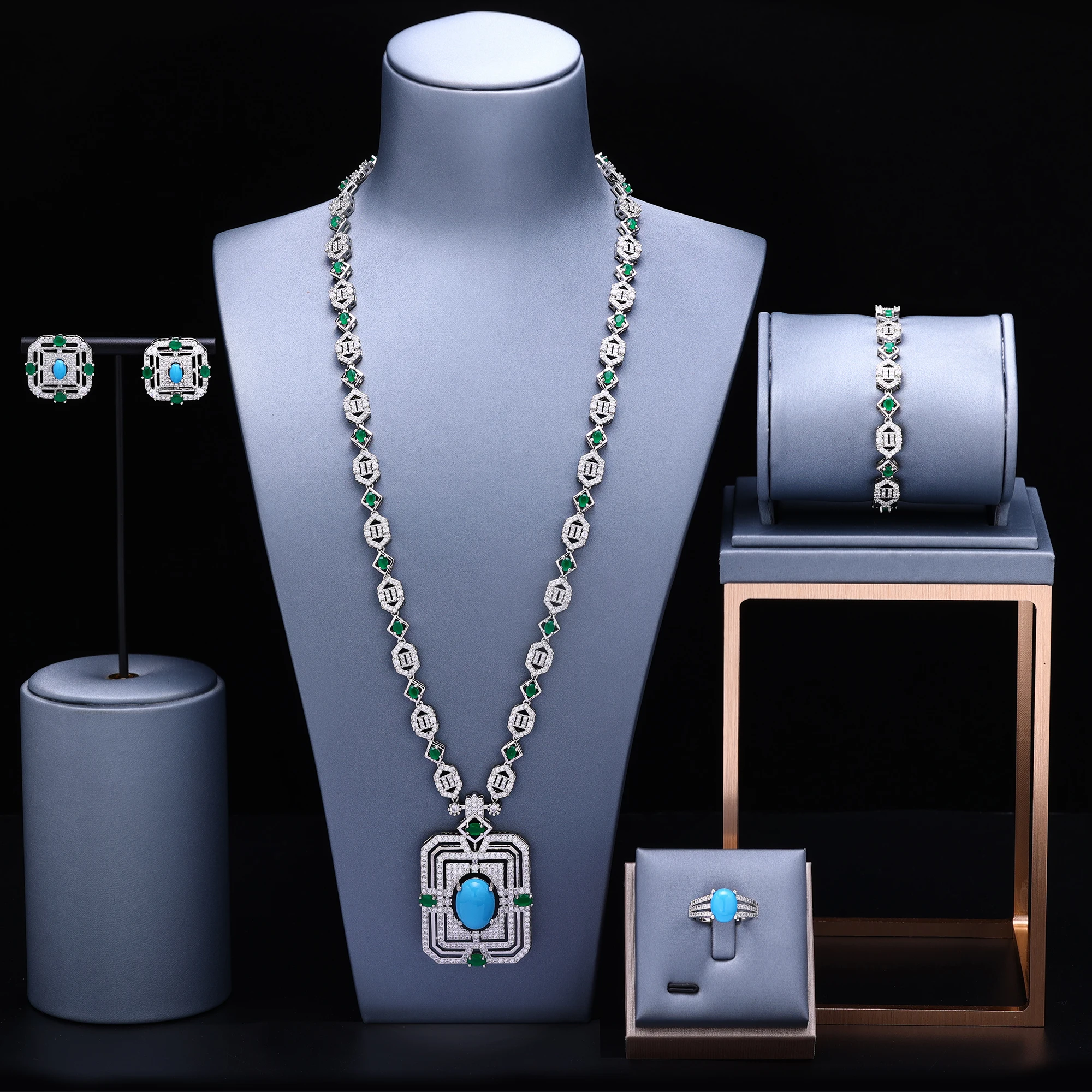 

2024 Turquoise Dubai Bridal Jewelry Sets Cubic Zircon UAE Long Sweater Necklace Set 4pcs Wedding Jewelry