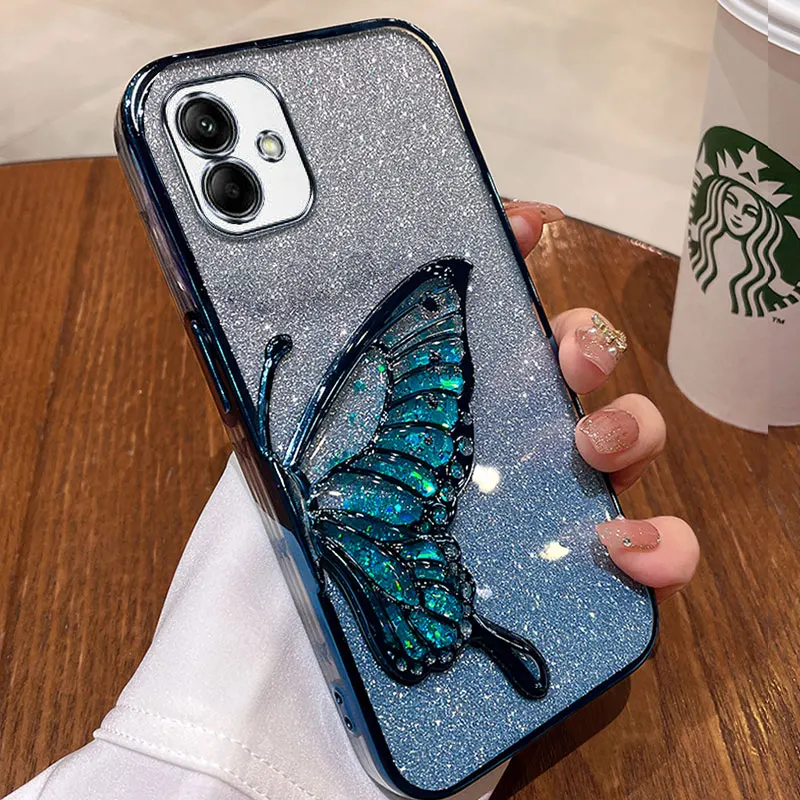 A 04 04E Quicksand Butterfly Plating Phone Case For Samsung galaxy A04 A03 A03s A06 A16 M35 M55 Glitter Protect Shockproof Cover