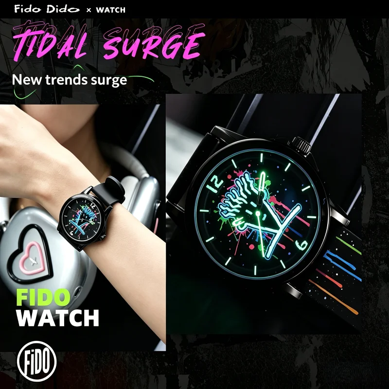 Reloj de Cuarzo Fido Dido Estilo Graffiti Urbano, 50M Resistente al Agua, Correa de Silicona Luminosa, Reloj de Pulsera Urbano