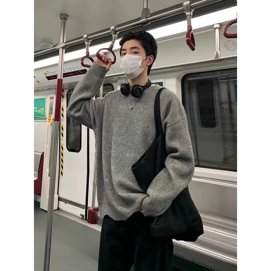 

Мужской вязаный свитер American Sle, однотонный потертый дизайн, повседневный свободный крой, осень-зима, универсальный трикотаж Lazy Sle