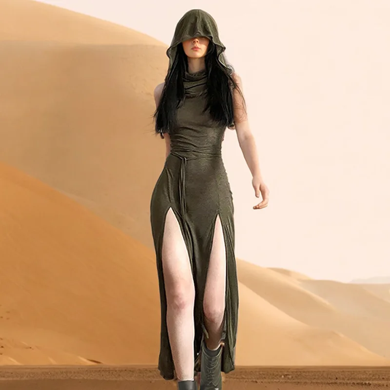 

Gothic Desert Walker Hooded Dress Medieval Vintage Cloak Vestidos Punk Grunge Split Side Midi Dress Y2k Clothes Women Streetwear