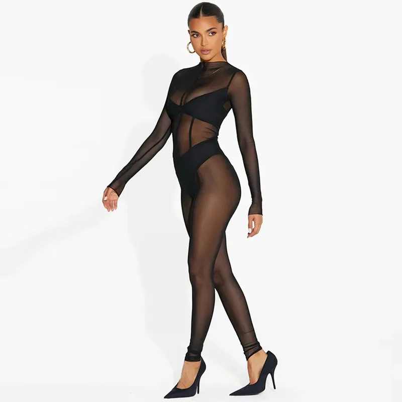 European and American Style Long Sleeved Mesh Pants Summer New Women\'s Sexy See Through Jumpsuit