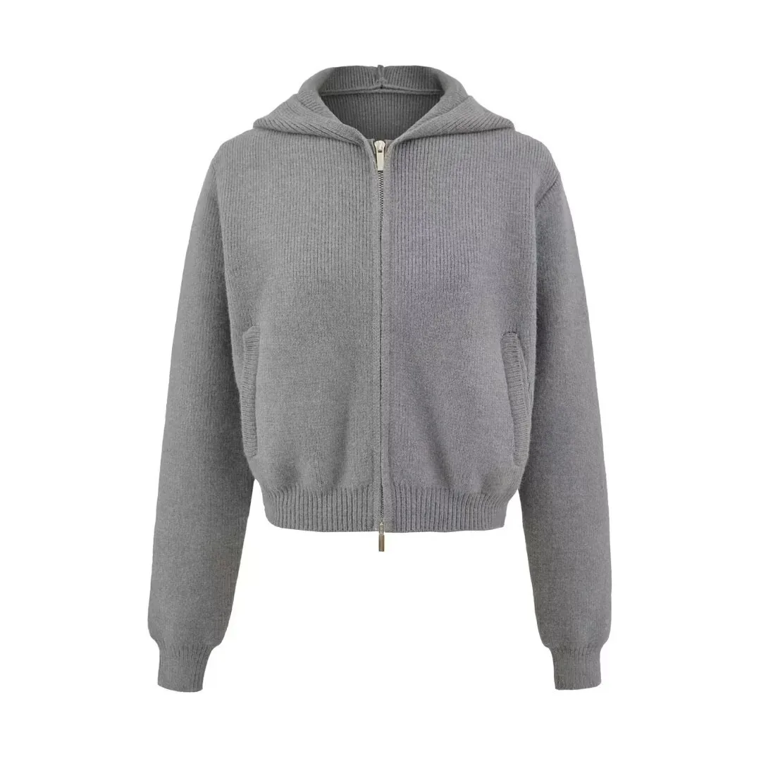 

Женский вязаный кардиган в стиле Casaul с капюшоном, новый осенне-зимний универсальный свитер с высокой талией и двойной молнией 8RNL