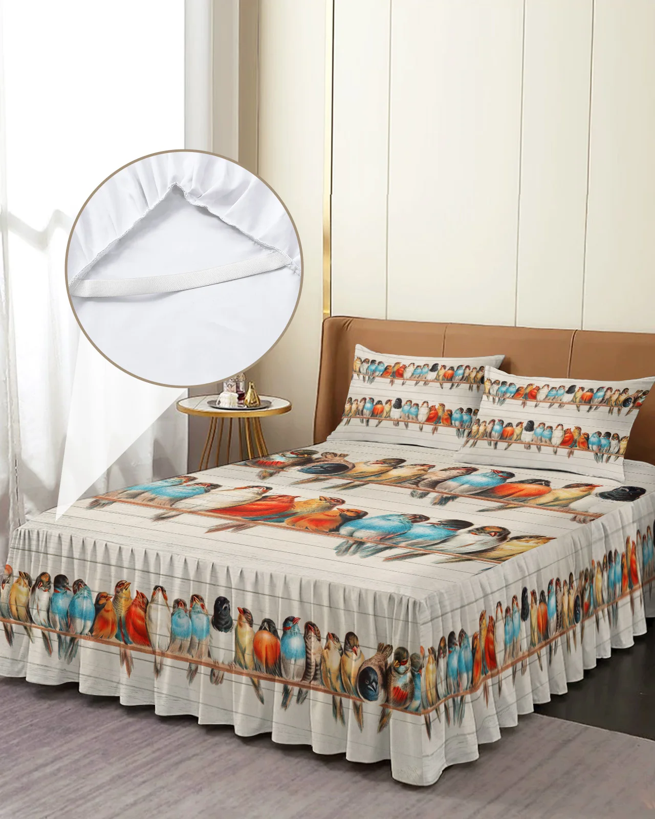 Wood Grain Bird Bed Skirt Elastic Fitted Bedspread With Pillowcases Bed Protector Mattress Cover Bedding Set Bed Sheet